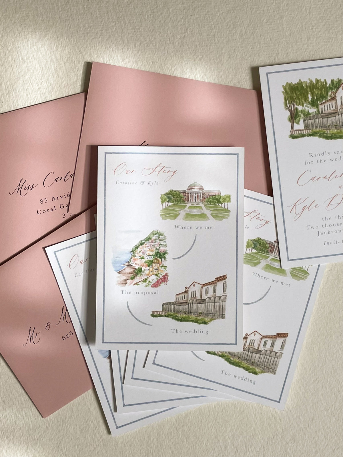 Blush Pink and Soft Blue Wedding Save the Dates Color Palette for Elegant Summer Wedding Dallas Texas | Custom Watercolor Wedding Stationery | By Caroline Ann