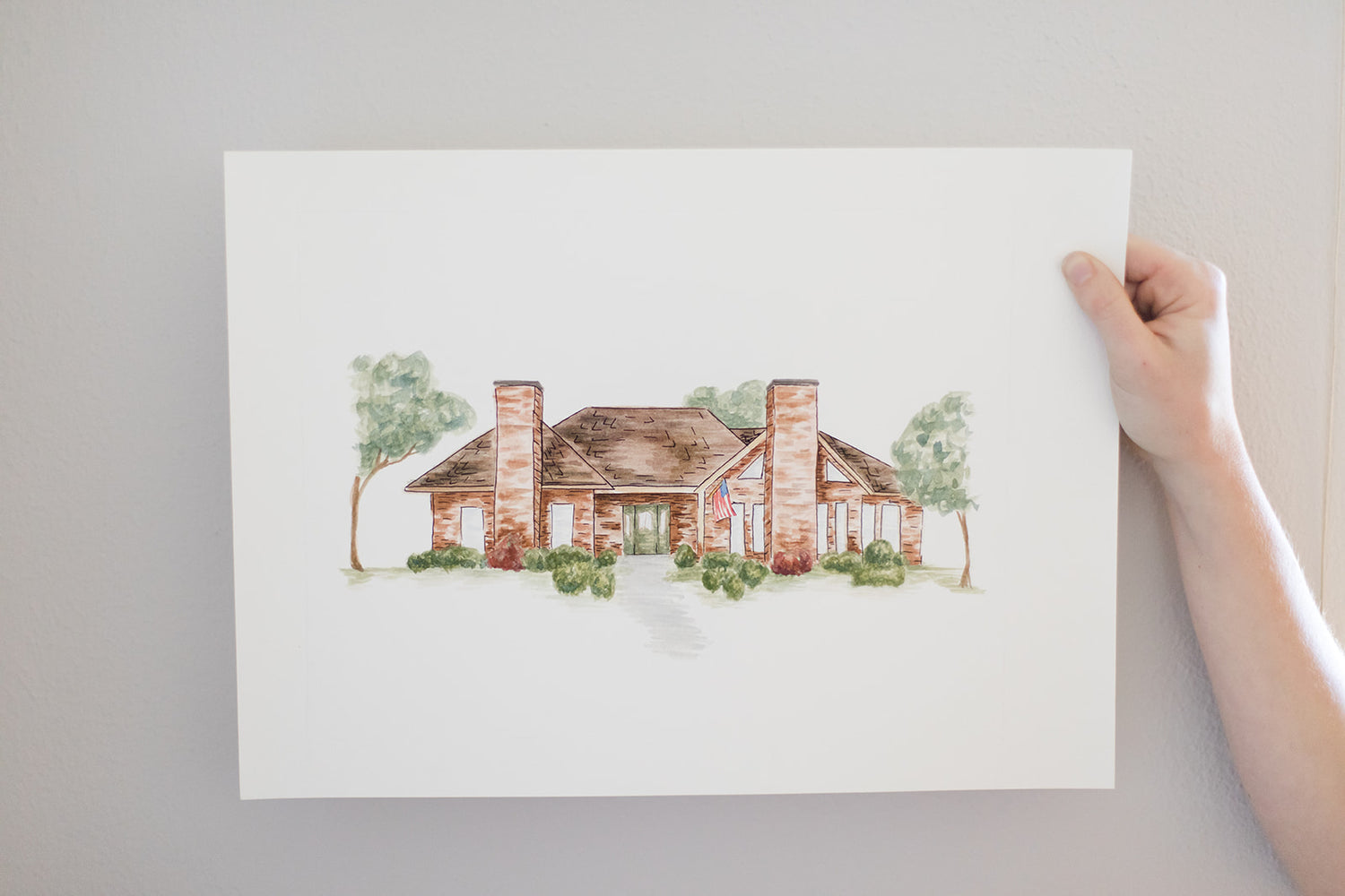 Watercolor home illustration gift for new home owners, housewarming gift for new move, painting of red brick home with chimneys in vignette style | Custom Watercolor Wedding Invitations, Dallas, Texas | By Caroline Ann