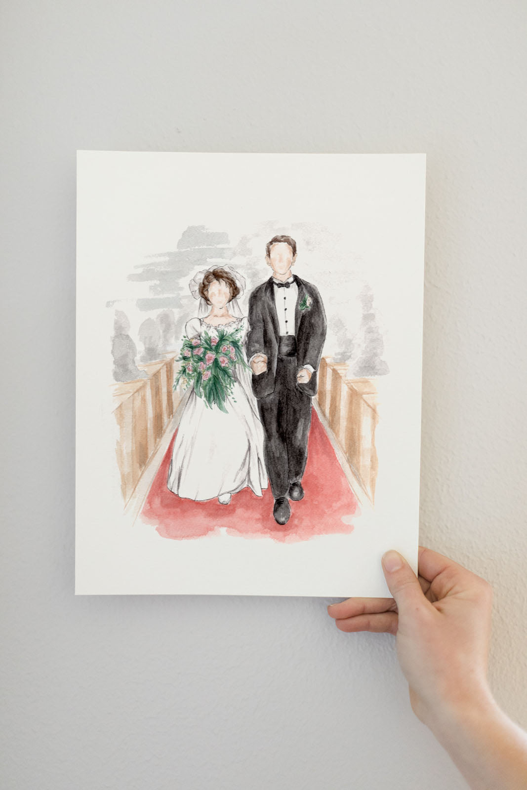 Watercolor wedding portrait gift for bride and groom on 10th anniversary, painting of walking down the aisle in church, bride in long white gown and groom in tuxedo | Custom Watercolor Wedding Invitations, Dallas, Texas | By Caroline Ann