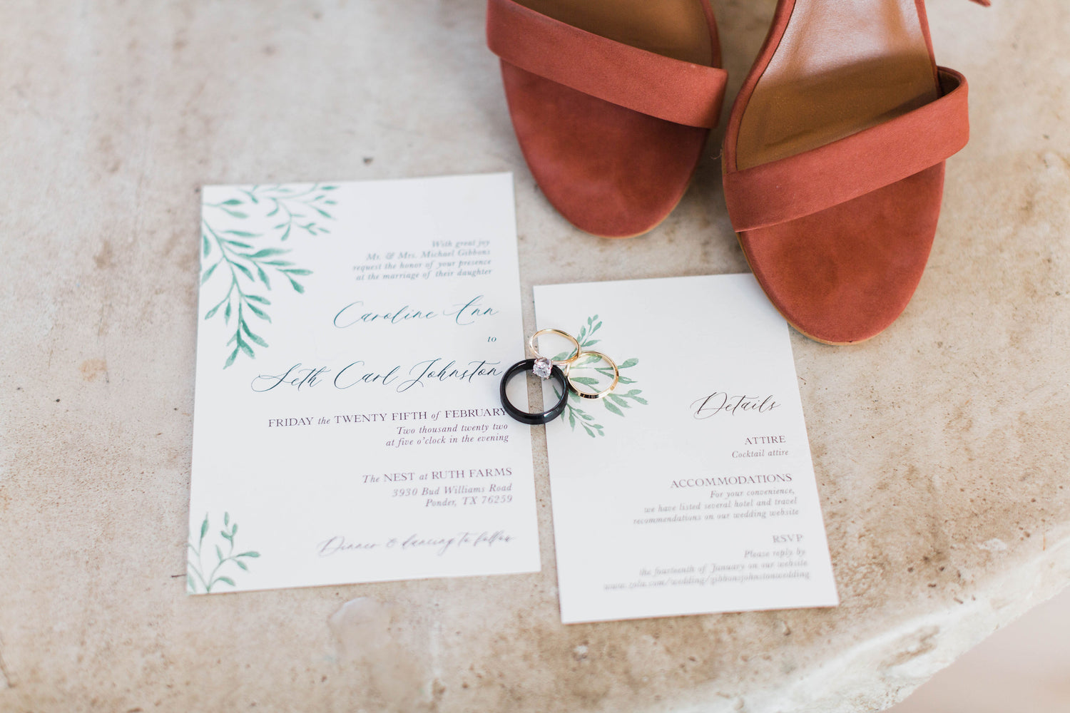 Greenery and white watercolor wedding invitation set, main invitation and details card enclosed, simple winter wedding | Custom Watercolor Wedding Invitations, Dallas, Texas | By Caroline Ann