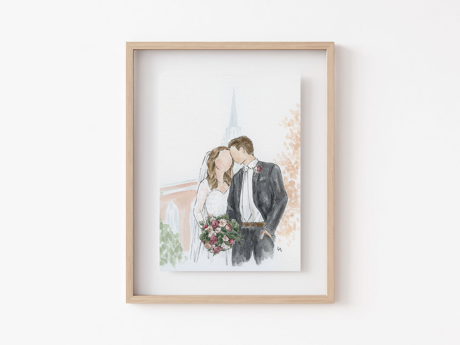 Custom wedding portrait of bride and groom, faceless watercolor painting with loose style, church background and wedding clothes | Custom Watercolor Wedding Invitations, Dallas, Texas | By Caroline Ann