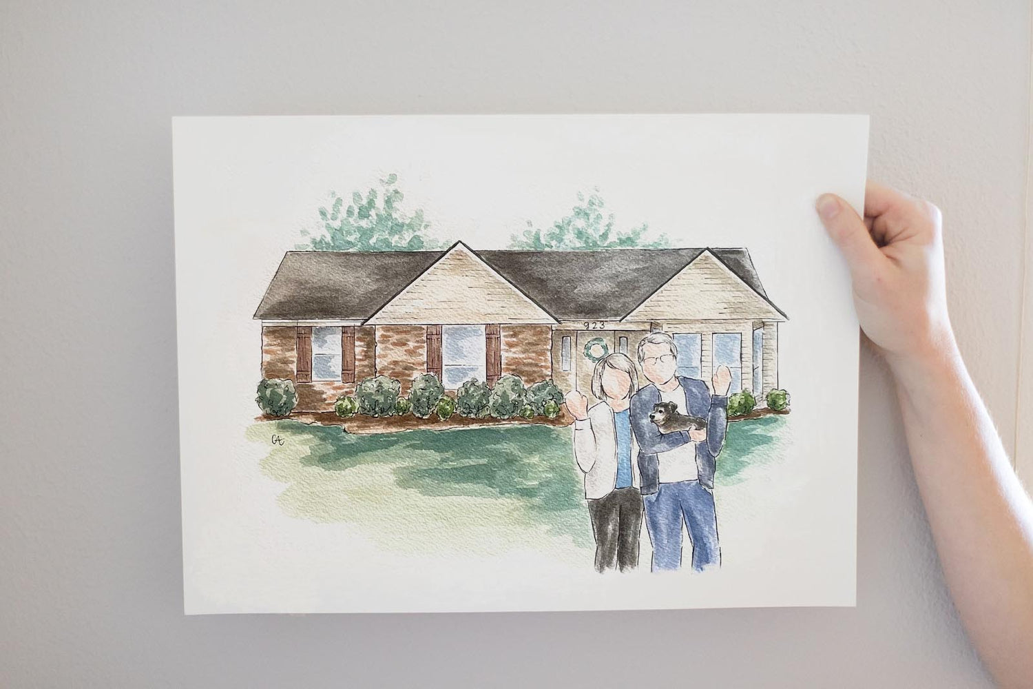 Custom home illustration gift for parents, watercolor painting with faceless portrait of family and dog, house painting in detailed style with vignette background, Christmas present | Custom Watercolor Wedding Invitations, Dallas, Texas | By Caroline Ann