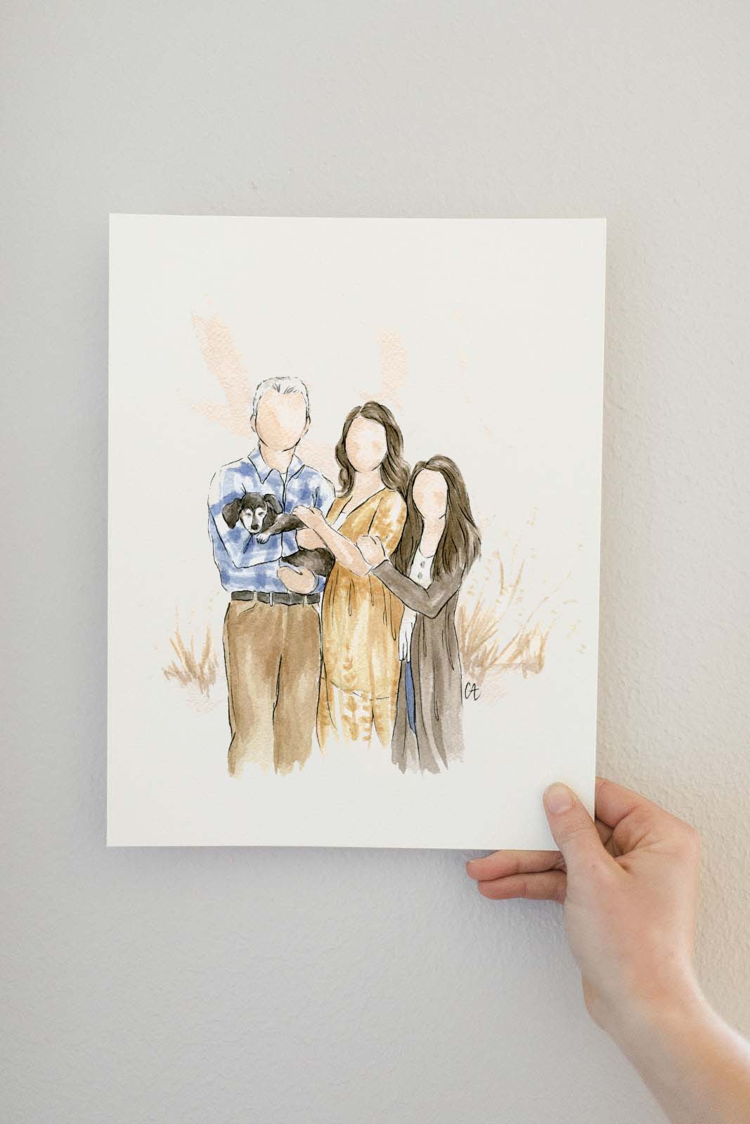 Faceless watercolor family portrait of three with dog, painted from photo with vignette background and detailed outfits, gift for mom and dad on mother's day or father's day | Custom Watercolor Wedding Invitations, Dallas, Texas | By Caroline Ann