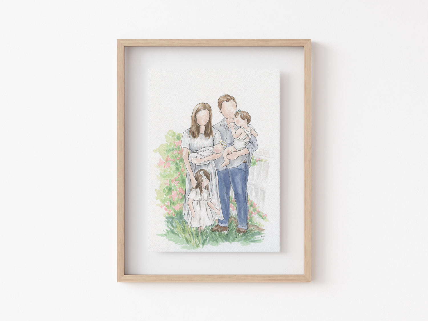 Family watercolor portrait gift for losing child, painted in memory of new baby for mom and dad, faceless portrait style with full watercolor background from photo | Custom Watercolor Wedding Invitations, Dallas, Texas | By Caroline Ann