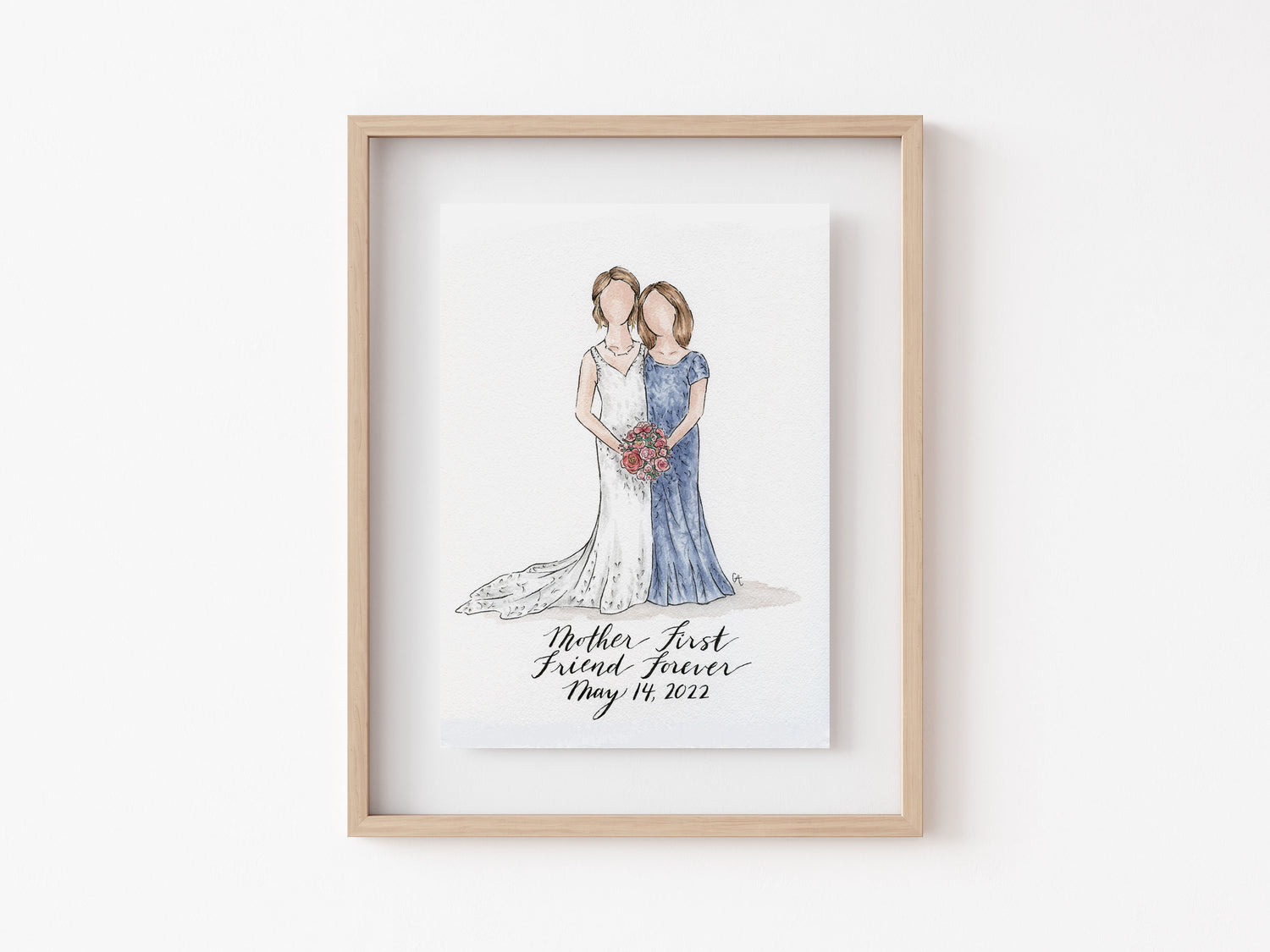 Wedding portrait of bride and mother of the bride, gift for mom on daughter's wedding day, mother and friend, painted in vignette style with wedding dress and bouquet | Custom Watercolor Wedding Invitations, Dallas, Texas | By Caroline Ann
