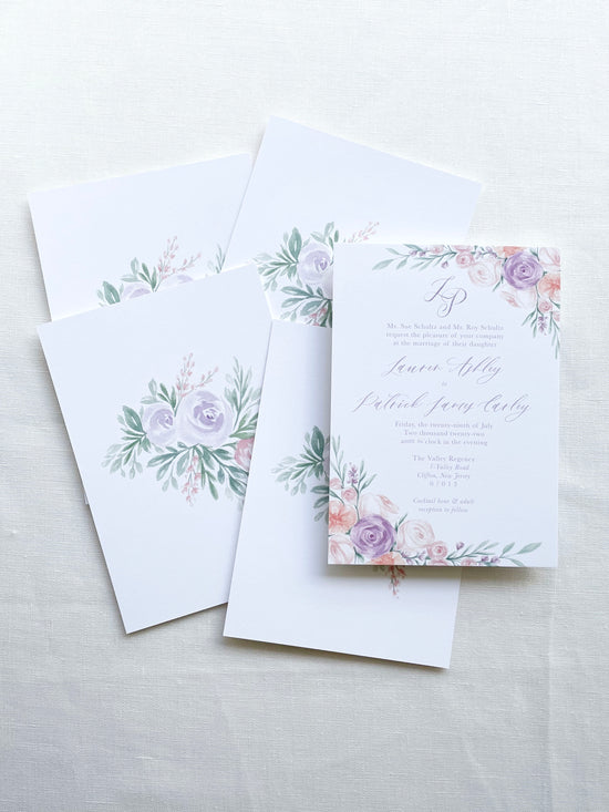Springtime wedding invitation watercolor florals with custom lilac monogram and roses bordering with eucalyptus leaves | Custom Watercolor Wedding Invitations, Dallas, Texas | By Caroline Ann
