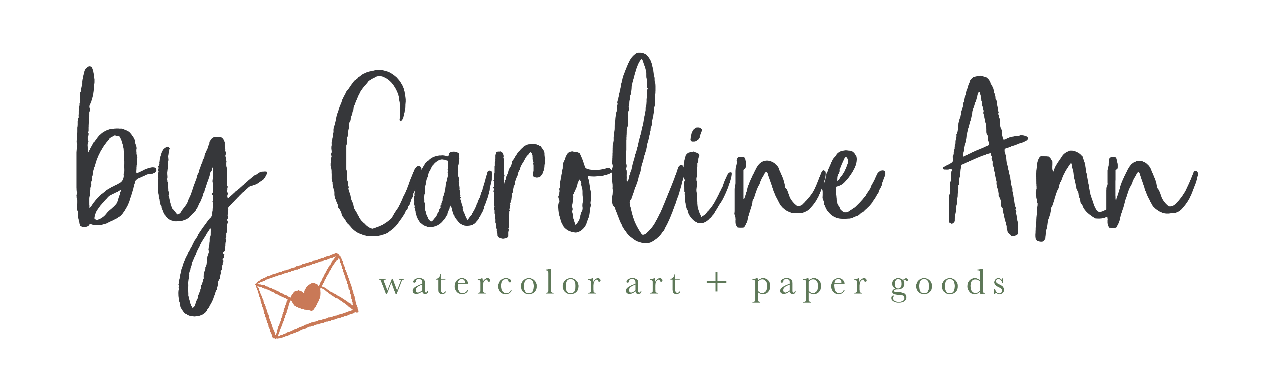 By Caroline Ann logo hand lettering brush font with pink envelope that says watercolor art + paper goods. Dusty grey and navy blue script with pink envelope with heart. Click for more information on custom wedding invitations Dallas Texas
