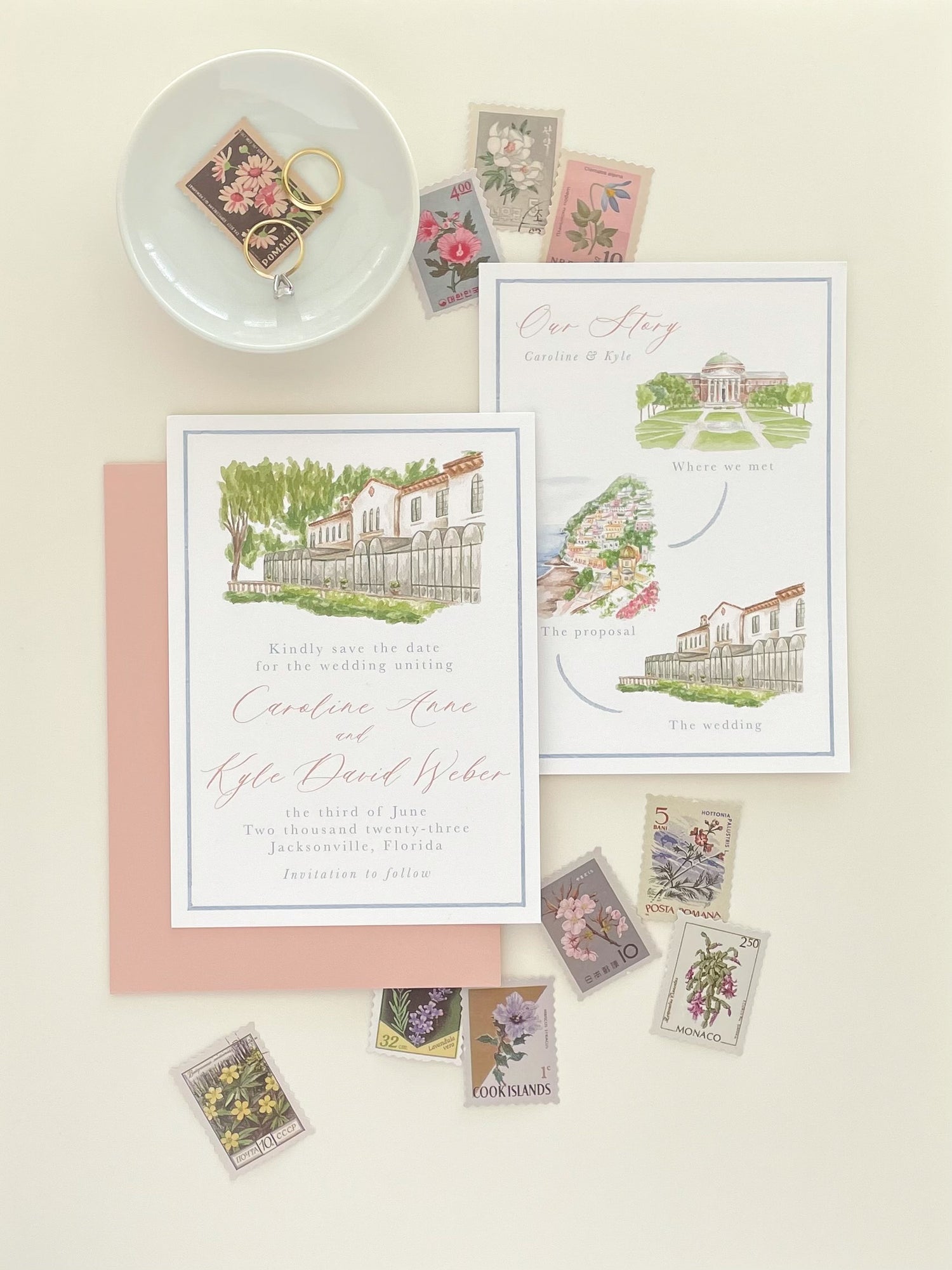 Custom watercolor save the dates with watercolor map of special places for couple, venue illustration of Epping Forest Mansion | Custom Watercolor Wedding Invitations, Dallas, Texas | By Caroline Ann