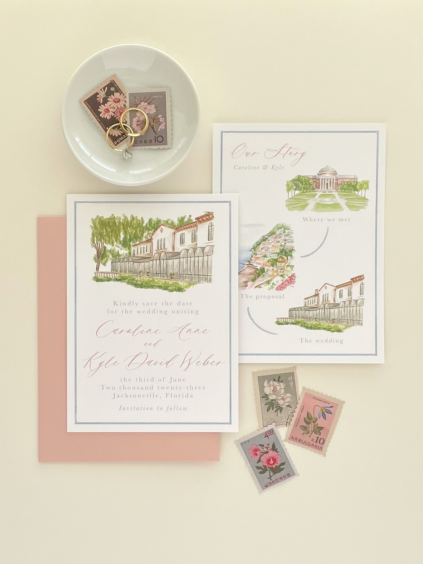 Custom watercolor save the dates with watercolor map of special places for couple, venue illustration of Epping Forest Mansion | Custom Watercolor Wedding Invitations, Dallas, Texas | By Caroline Ann