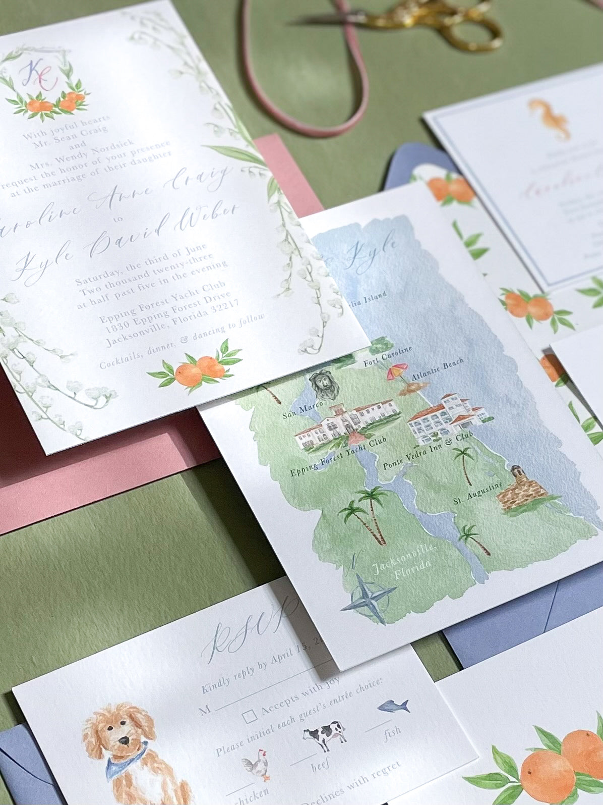 Colorful Florida Beach Wedding Invitation with Lily of the Valley Dallas Texas | Custom Watercolor Wedding Stationery | By Caroline Ann