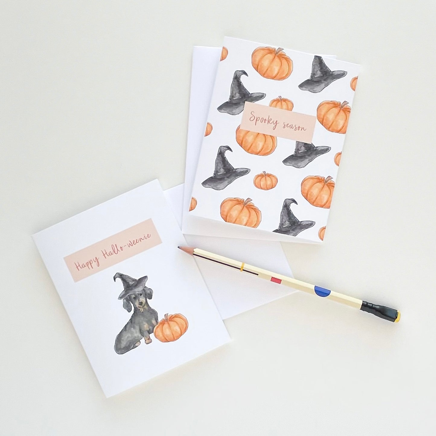 Happy Halloween Halloweenie Dachshund dog pumpkins witches hat | Wholesale greeting cards | Dallas, Texas | By Caroline Ann